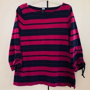 Talbots Women's 3/4 Sleeve Knit Sweater Top Cotton Stripe Navy Red Size Petite L
